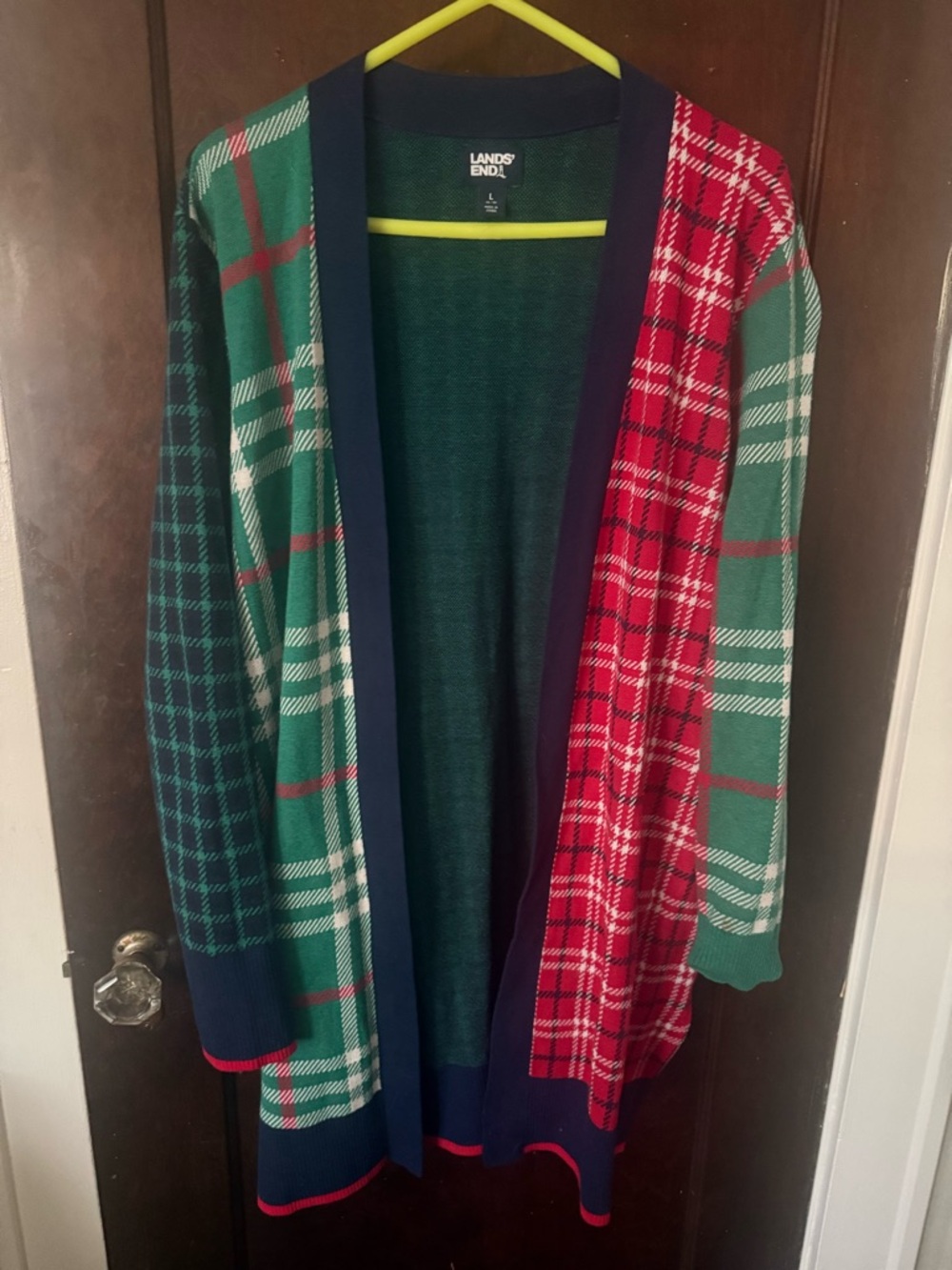 Lands' End Green and Red Plaid Open-Front Women's Cardigan with Navy Trim